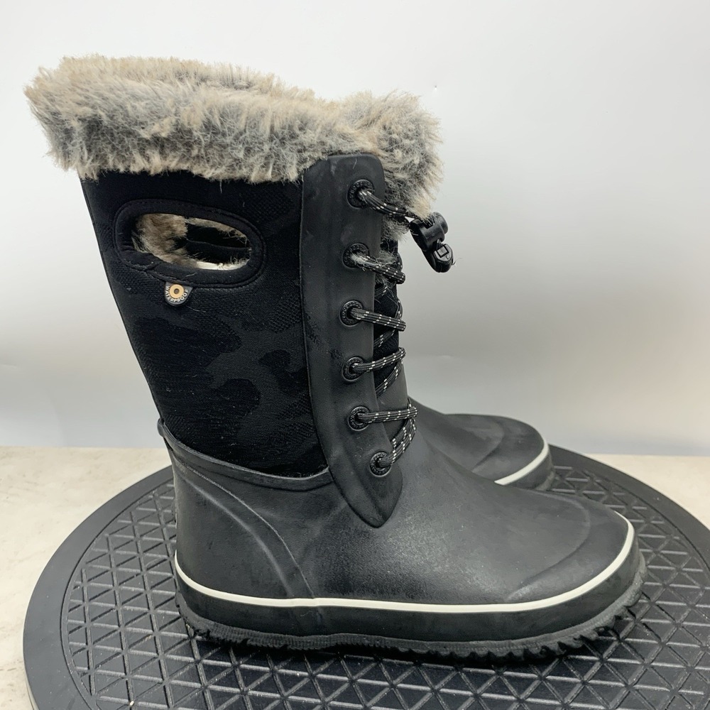 BOGS Arcata Boots Kids Size 3 Shoes Black Rubber Camo Faux Fur Snow Boys‎ Girls